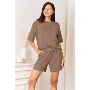 BASIC BAE Mocha Brown Two Piece Rayon Half Sleeve Top Shorts Set Casual NEW